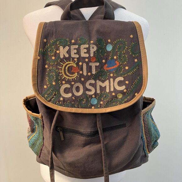 Earthbound Trading Handbags - Earthbound Cotton Backpack Gray Bag Keep it Cosmic Embroidered Artsy Hippie BOHO